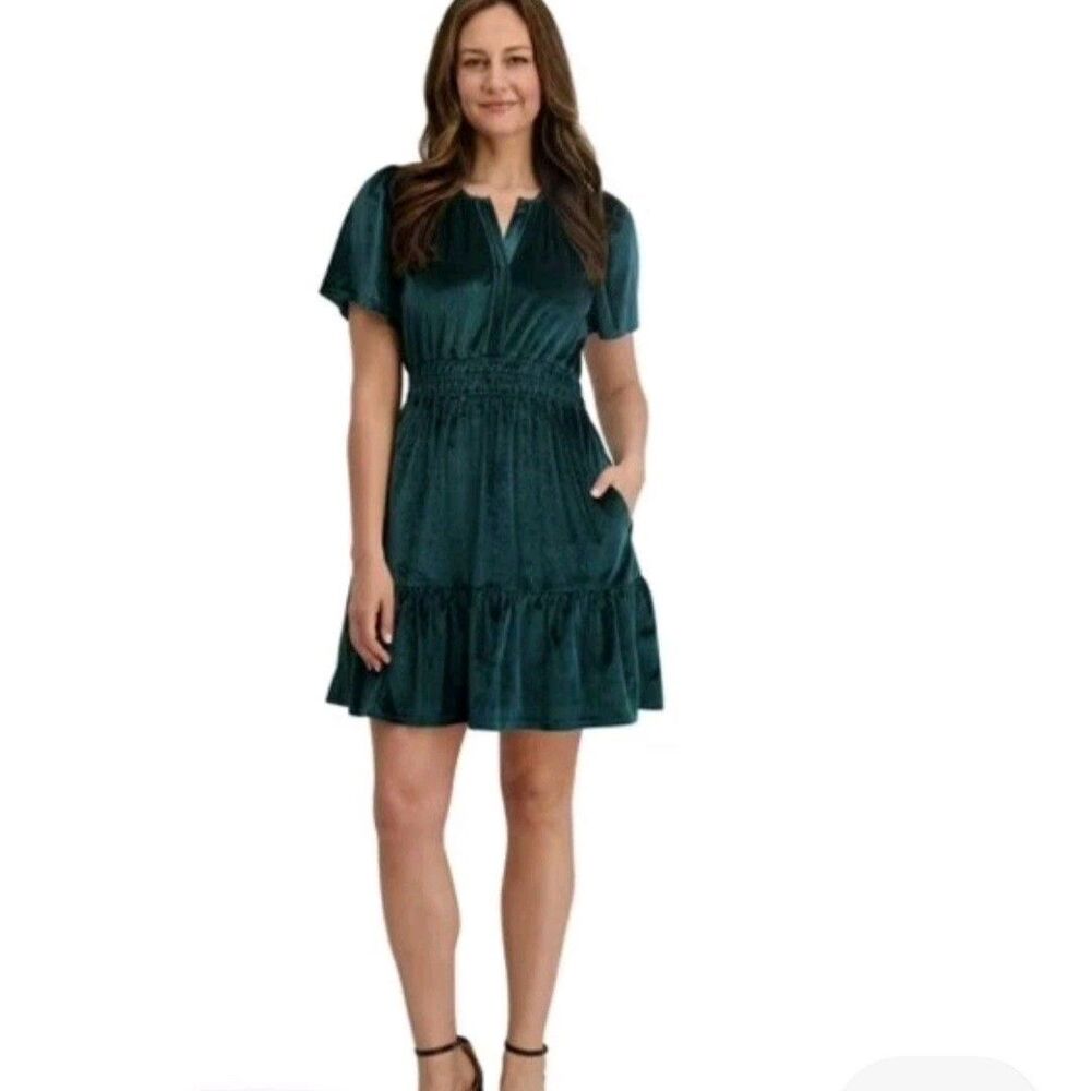 French Connection Emerald Green Velvet Short Sleeve Mini Dress XS NWT Ruffle - Picture 1 of 16